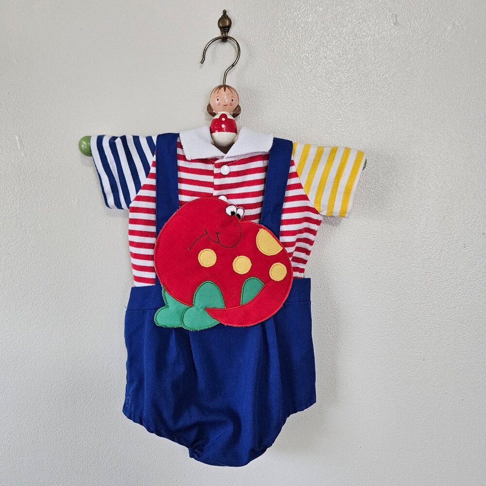 Vintage 90s Colorblock Primary Color Dinosaur Bubble Romper Shirt Set 3-6 Months